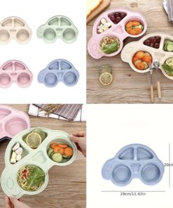 Plastic Cartoon Car Shaped Dining Plate With Grid Design, Home Dining Plate, Food Grade PP Reusable Dining Plate (One Spoon & chopsticks 🥢)