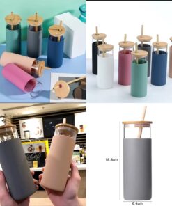 Straw glass with wood straw colour random 550ml