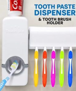 Blue toothpaste dispenser with tooth brush holder, plastic automatic tooth paste dispenser set wall mounted