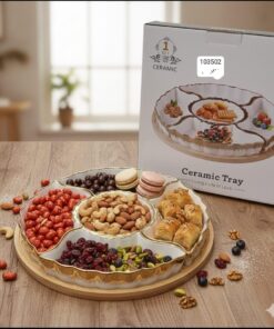 Ceramic serving tray with wooden stand