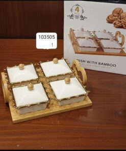 Serving ceramic bowl with cap wooden stand