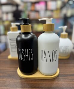 2 Pcs Soap Pump Set With Bamboo Tray